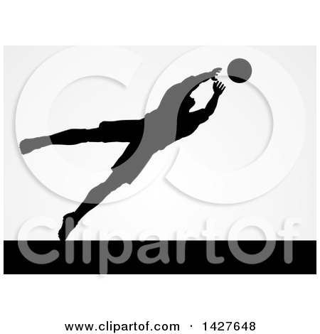 Clipart of a Black Silhouetted Goal Keeper Soccer Player Blocking the Ball, over Gray - Royalty Free Vector Illustration by AtStockIllustration