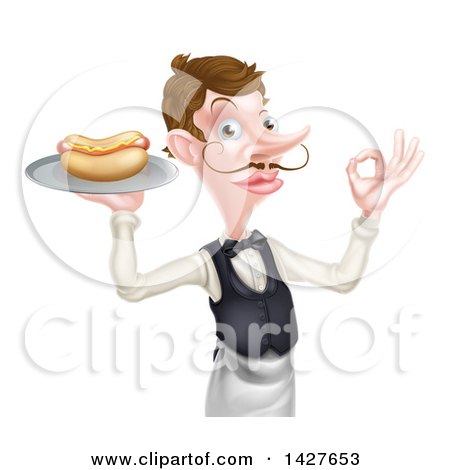Clipart of a White Male Waiter with a Curling Mustache, Holding a Hot Dog on a Platter and Gesturing Ok - Royalty Free Vector Illustration by AtStockIllustration