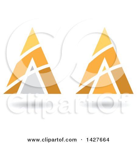 Clipart of Triangular Pyramidical Orange and Yellow Arrow Letter a Logos or Icon Designs with Stripes and Shadows - Royalty Free Vector Illustration by cidepix
