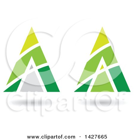 Clipart of Triangular Pyramidical Green Arrow Letter a Logos or Icon Designs with Stripes and Shadows - Royalty Free Vector Illustration by cidepix