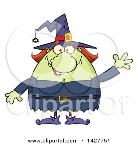 Clipart of a Cartoon Fat Green Witch Waving - Royalty Free Vector Illustration by Hit Toon
