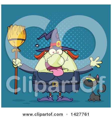 Clipart of a Cartoon Fat Green Witch Welcoming with Open Arms and Holding a Broom by a Cat over Blue Halftone - Royalty Free Vector Illustration by Hit Toon