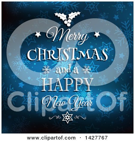 Clipart of a White Merry Christmas and a Happy New Year Greeting on Blue Stars and Snowflakes - Royalty Free Vector Illustration by KJ Pargeter