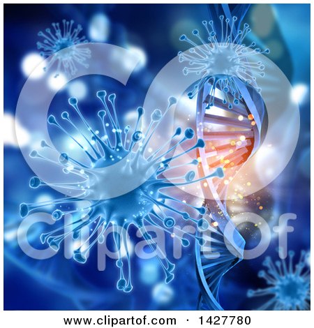 Clipart of a 3d Medical Background of Dna Strands and Viruses in Blue - Royalty Free Illustration by KJ Pargeter