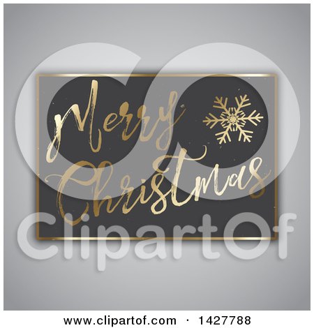 Clipart of a Gold Merry Christmas and Snowflake on a Board over Gray - Royalty Free Vector Illustration by KJ Pargeter
