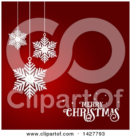 Clipart of a White Merry Christmas Greeting and Suspended Snowflakes on Red - Royalty Free Vector Illustration by KJ Pargeter