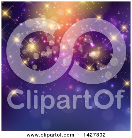 Clipart of a Purple Background with Sparkly Lights and Bokeh Flares - Royalty Free Vector Illustration by KJ Pargeter