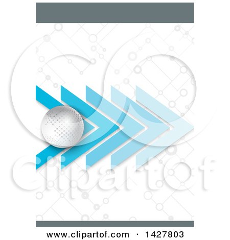 Clipart of a Background Design with a Sphere, Blue Arrows and Pattern with Gray Top and Bottom Edges - Royalty Free Vector Illustration by KJ Pargeter