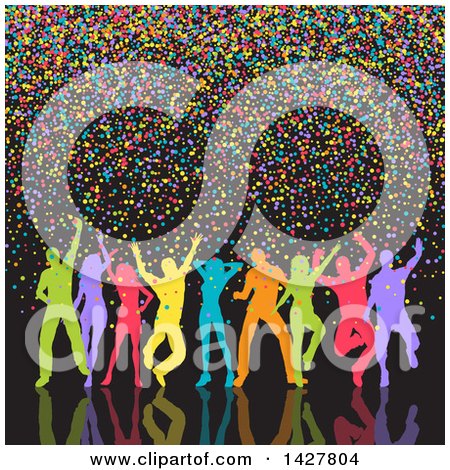 Clipart of a Group of Silhouetted Colorful Dancers with Confetti on Black - Royalty Free Vector Illustration by KJ Pargeter