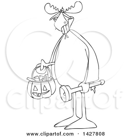 Clipart of a Cartoon Black and White Lineart Moose Trick or Treating in a Vampire Halloween Costume - Royalty Free Vector Illustration by djart