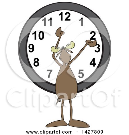 Clipart of a Cartoon Moose Holding His Arms up over a Wall Clock - Royalty Free Vector Illustration by djart