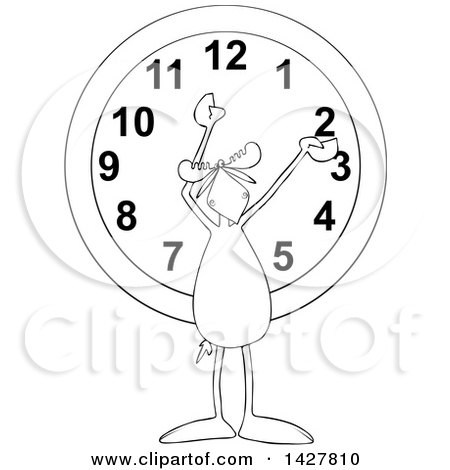 Clipart of a Cartoon Black and White Moose Holding His Arms up over a Wall Clock - Royalty Free Vector Illustration by djart