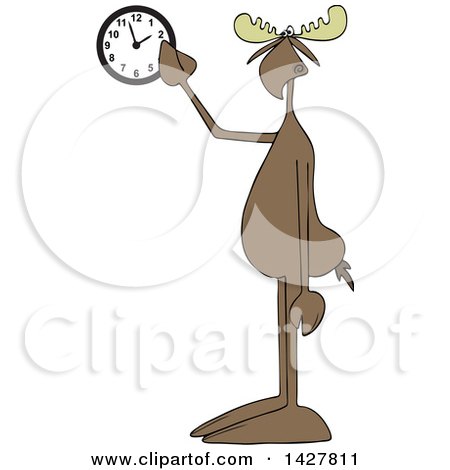 Clipart of a Cartoon Moose Pointing at a Wall Clock - Royalty Free Vector Illustration by djart