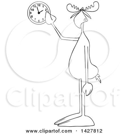 Clipart of a Cartoon Black and White Moose Pointing at a Wall Clock - Royalty Free Vector Illustration by djart
