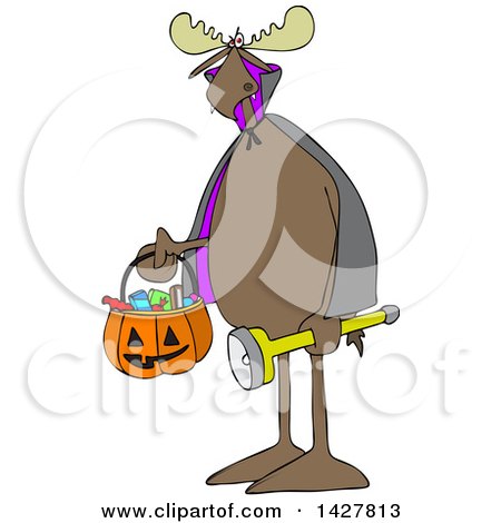 Clipart of a Cartoon Moose Trick or Treating in a Vampire Halloween Costume - Royalty Free Vector Illustration by djart