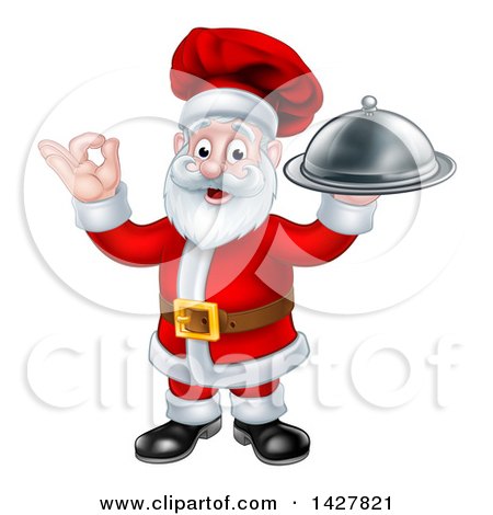 Clipart of a Christmas Santa Claus Chef Holding a Cloche Platter and Gesturing Perfect or Ok - Royalty Free Vector Illustration by AtStockIllustration