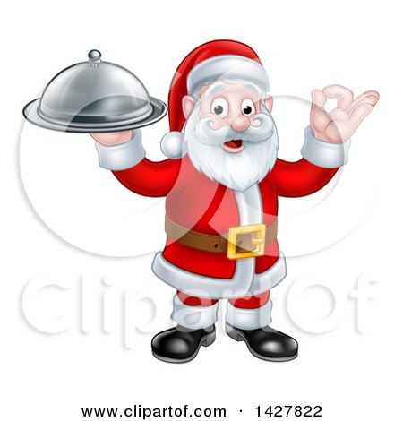 Clipart of a Christmas Santa Claus Holding a Cloche Platter and Gesturing Perfect or Ok - Royalty Free Vector Illustration by AtStockIllustration
