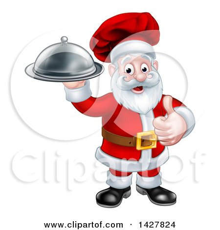 Clipart of a Christmas Santa Claus Chef Giving a Thumb up and Holding a Cloche Platter - Royalty Free Vector Illustration by AtStockIllustration