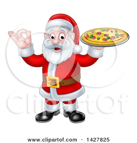 Clipart of a Christmas Santa Claus Holding a Pizza and Gesturing Perfect or Ok - Royalty Free Vector Illustration by AtStockIllustration