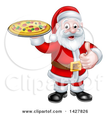 Clipart of a Christmas Santa Claus Holding a Pizza and Giving a Thumb up - Royalty Free Vector Illustration by AtStockIllustration