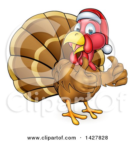 Clipart of a Cartoon Christmas Turkey Bird Wearing a Santa Hat and Giving Two Thumbs up - Royalty Free Vector Illustration by AtStockIllustration