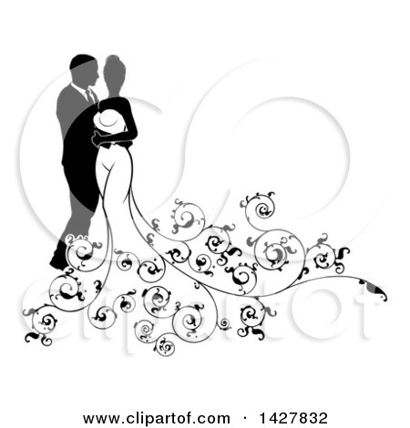 Clipart of a Black and White Silhouetted Posing Bride and Groom with Swirls - Royalty Free Vector Illustration by AtStockIllustration