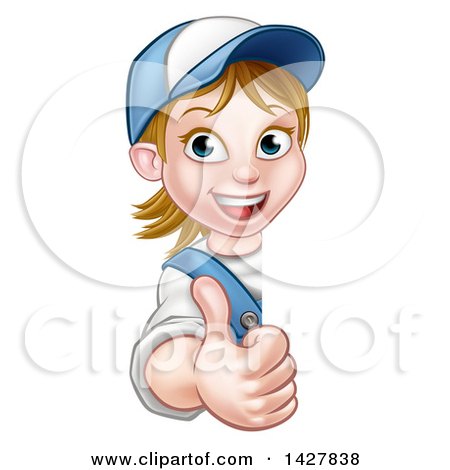 Clipart of a Cartoon Happy White Female Worker Holding up Around a Sign - Royalty Free Vector Illustration by AtStockIllustration