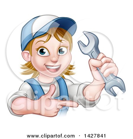 Clipart of a Cartoon Happy White Female Mechanic Holding up a Wrench and Pointing - Royalty Free Vector Illustration by AtStockIllustration