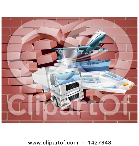 Clipart of 3d Cargo Logistics Modes, Trains, Planes Big Rig Trucks, and Ships Breaking Through a Brick Wall - Royalty Free Vector Illustration by AtStockIllustration