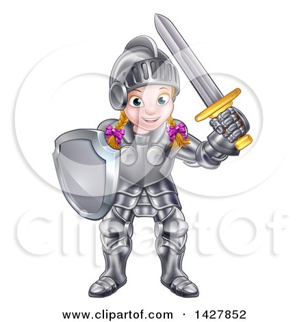 Clipart of a Happy White Girl in Full Knight Armour, Holding a Shield and Sword - Royalty Free Vector Illustration by AtStockIllustration