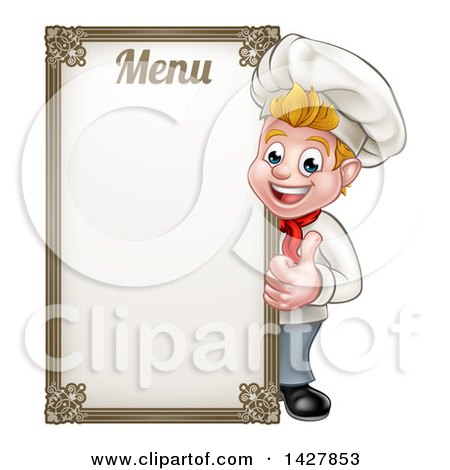Clipart of a Happy Young Blond White Male Chef Giving a Thumb up Around a Menu Board - Royalty Free Vector Illustration by AtStockIllustration