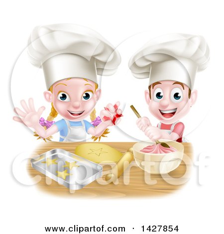 Clipart of a Cartoon Happy White Girl and Boy Wearing Toque Hats, Making Pink Frosting and Star Shaped Cookies - Royalty Free Vector Illustration by AtStockIllustration