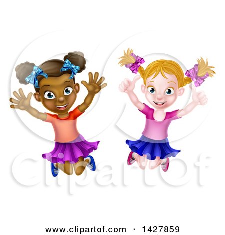 Clipart of Happy White and Black Girls Jumping - Royalty Free Vector Illustration by AtStockIllustration