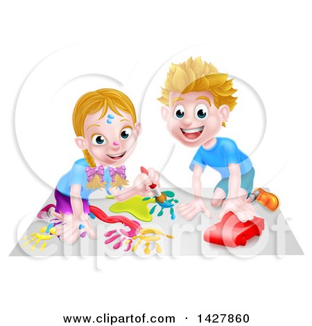 Clipart of a Cartoon Happy White Girl Kneeling and Painting Artwork and Boy Playing with a Toy Car - Royalty Free Vector Illustration by AtStockIllustration