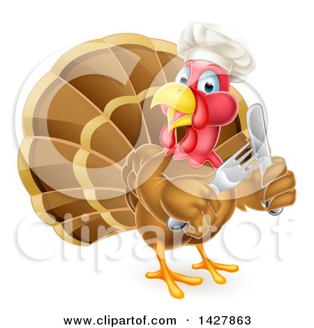 Clipart of a Thanksgiving Turkey Bird Wearing a Chef Hat and Holding Silverware - Royalty Free Vector Illustration by AtStockIllustration