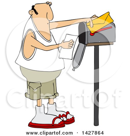 Clipart of a Cartoon Chubby Caucasian Man Reading a Letter at His Mailbox - Royalty Free Vector Illustration by djart