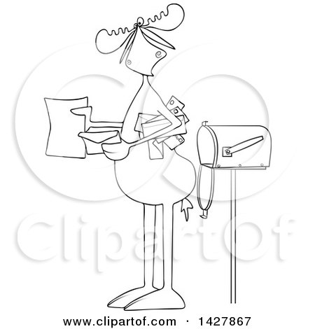 Clipart of a Cartoon Black and White Lineart Moose Opening a Letter by a Mailbox - Royalty Free Vector Illustration by djart