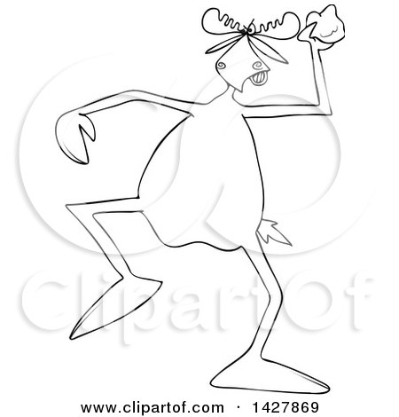 Clipart of a Cartoon Black and White Lineart Angry Moose Throwing a Rock - Royalty Free Vector Illustration by djart