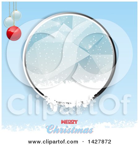 Clipart of a Metal Border with Ice and Snow Falling out over Merry Christmas Text, with Baubles on Blue - Royalty Free Vector Illustration by elaineitalia