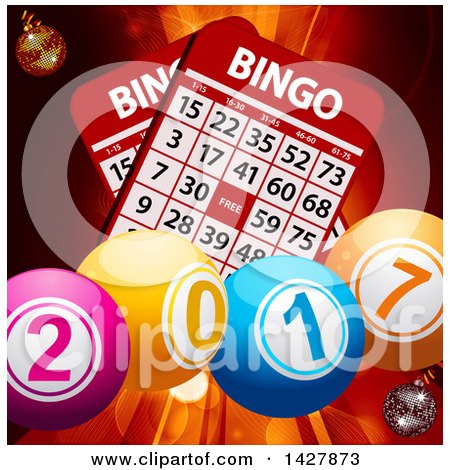 Clipart of a Background of Bingo Cards and 3d New Year 2017 Balls over Flares - Royalty Free Vector Illustration by elaineitalia