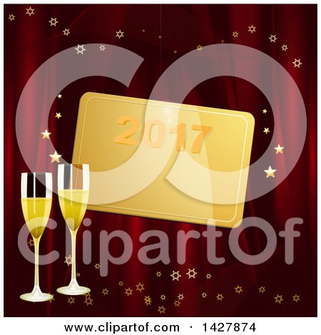 Clipart of a Gold New Year 2017 Tag over 3d Champagne Glasses on Red with Stars - Royalty Free Vector Illustration by elaineitalia