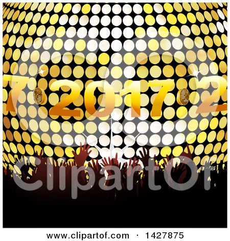 Clipart of a Silhouetted Crowd of Hands over a 3d Disco Ball and New Year 2017 - Royalty Free Vector Illustration by elaineitalia
