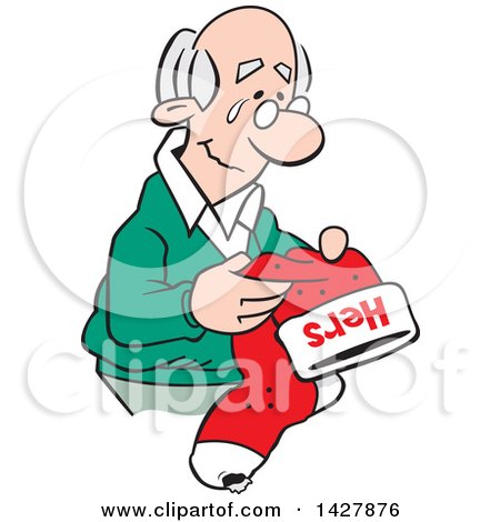 Clipart of a Cartoon Nostalgic Old Caucasian Widower Man Holding a Hers Christmas Stocking and Thinking of His Late Wife - Royalty Free Vector Illustration by Johnny Sajem
