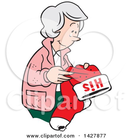 Clipart of a Cartoon Nostalgic Old Caucasian Widow Woman Holding a His Christmas Stocking and Thinking of Her Late Husband - Royalty Free Vector Illustration by Johnny Sajem