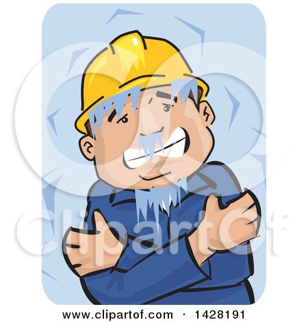 Clipart of a Freezing and Shivering Male Worker Wearing a Hard Hat and Hugging Himself over Blue - Royalty Free Vector Illustration by David Rey