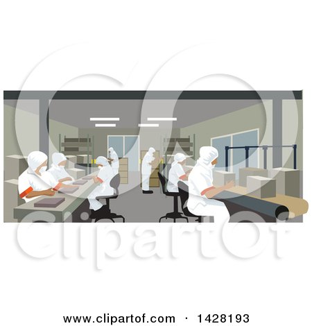 Clipart of a Team of Uniformed Workers in a Factory - Royalty Free Vector Illustration by David Rey