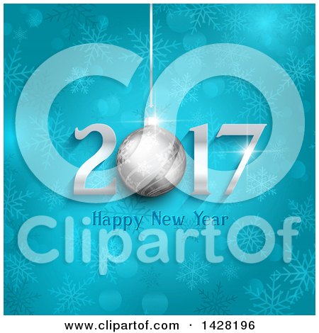 Clipart of a Happy New Year 2017 Greeting with a Suspended 3d Christmas Bauble and Blue Snowflakes - Royalty Free Vector Illustration by KJ Pargeter