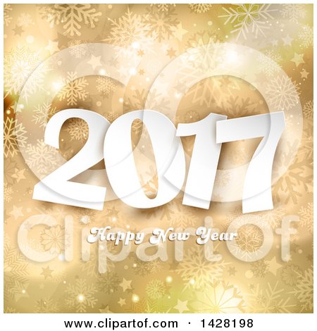 Clipart of a Happy New Year 2017 Greeting over Gold Stars and Snowflakes - Royalty Free Vector Illustration by KJ Pargeter