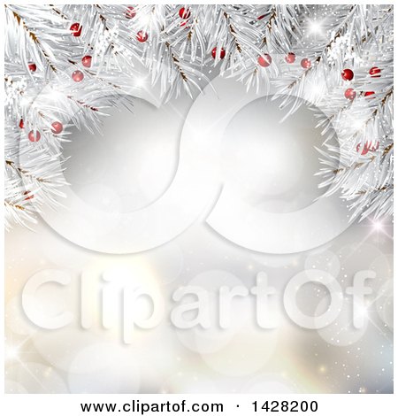 Clipart of a Background of 3d White Christmas Tree Branches with Red Berries over Bokeh Lights - Royalty Free Vector Illustration by KJ Pargeter
