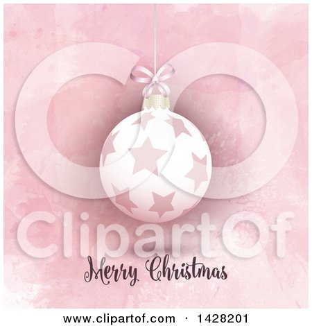 Clipart of a 3d Suspended Star Bauble Ornament over Mery Christmas Text on Pink Watercolor - Royalty Free Vector Illustration by KJ Pargeter